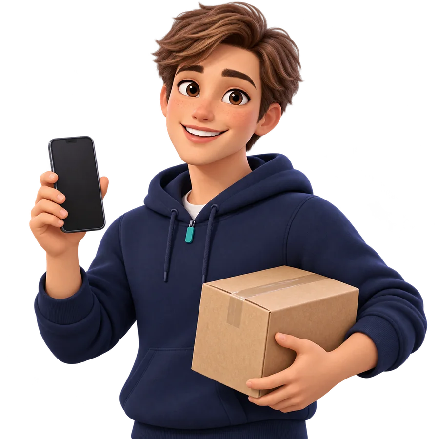 Personaggio 3D per e-commerce con pacco e telefono