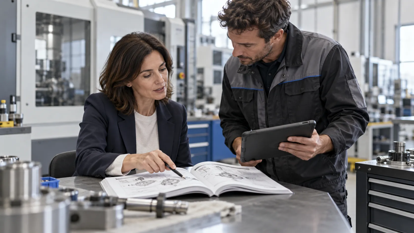 Illustration of two people looking up technical information