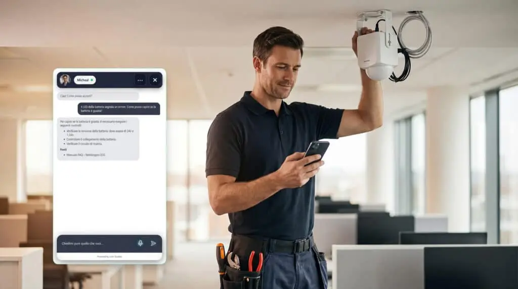 Teknofog technician consulting the AI assistant on a smartphone