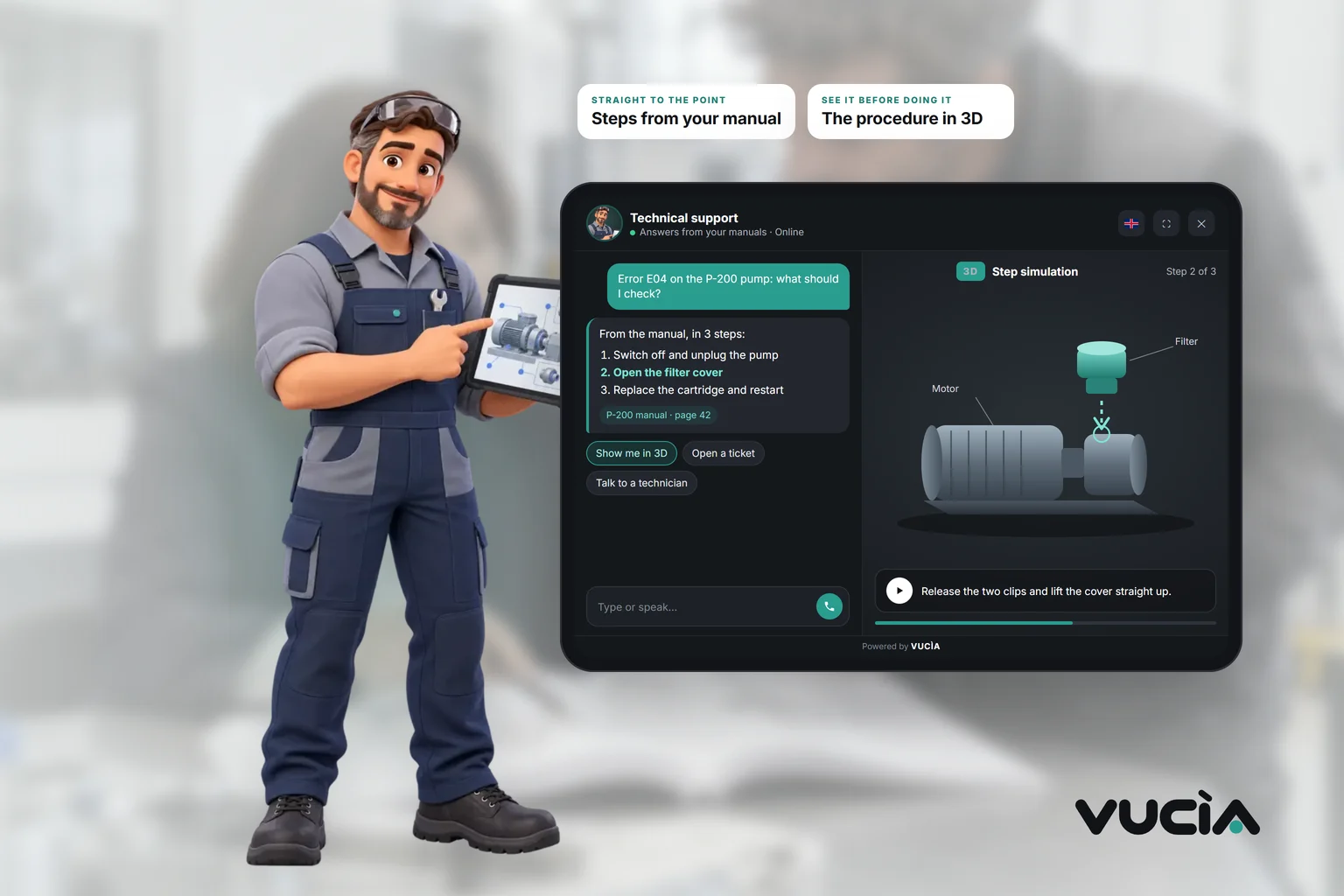 Vucìa 3D technician next to a tablet with the steps from the manual and a 3D simulation of the procedure
