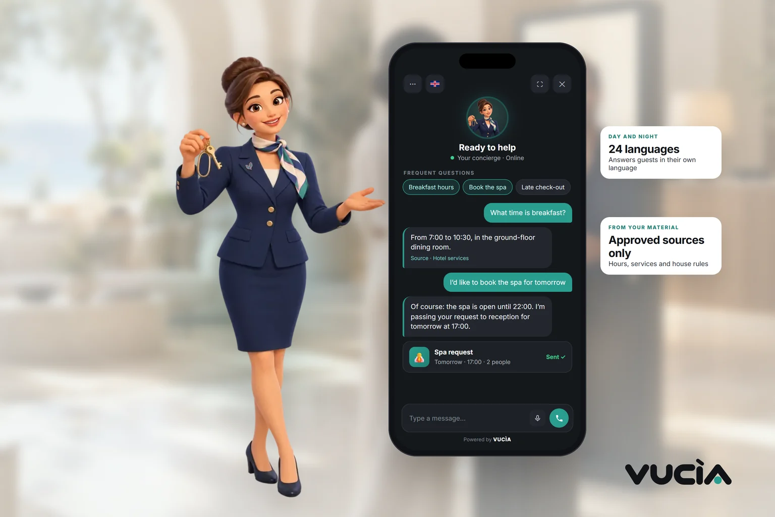 Vucìa 3D concierge next to a phone with the assistant: breakfast hours and a spa request