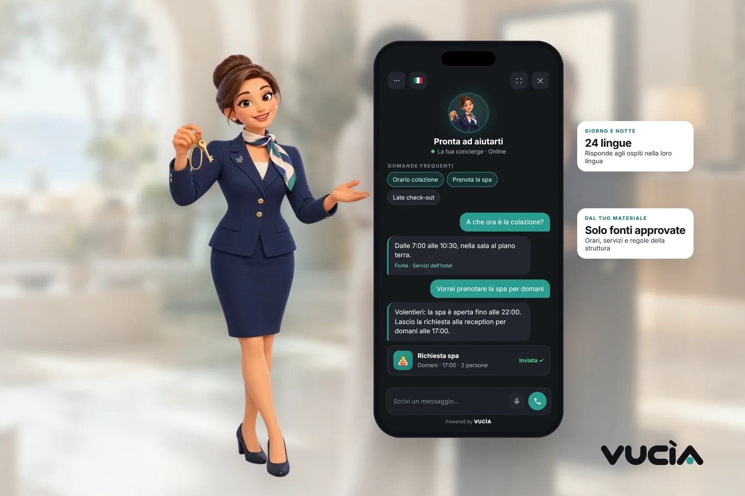 Concierge 3D di Vucìa e telefono con l’assistente: orario della colazione e richiesta per la spa