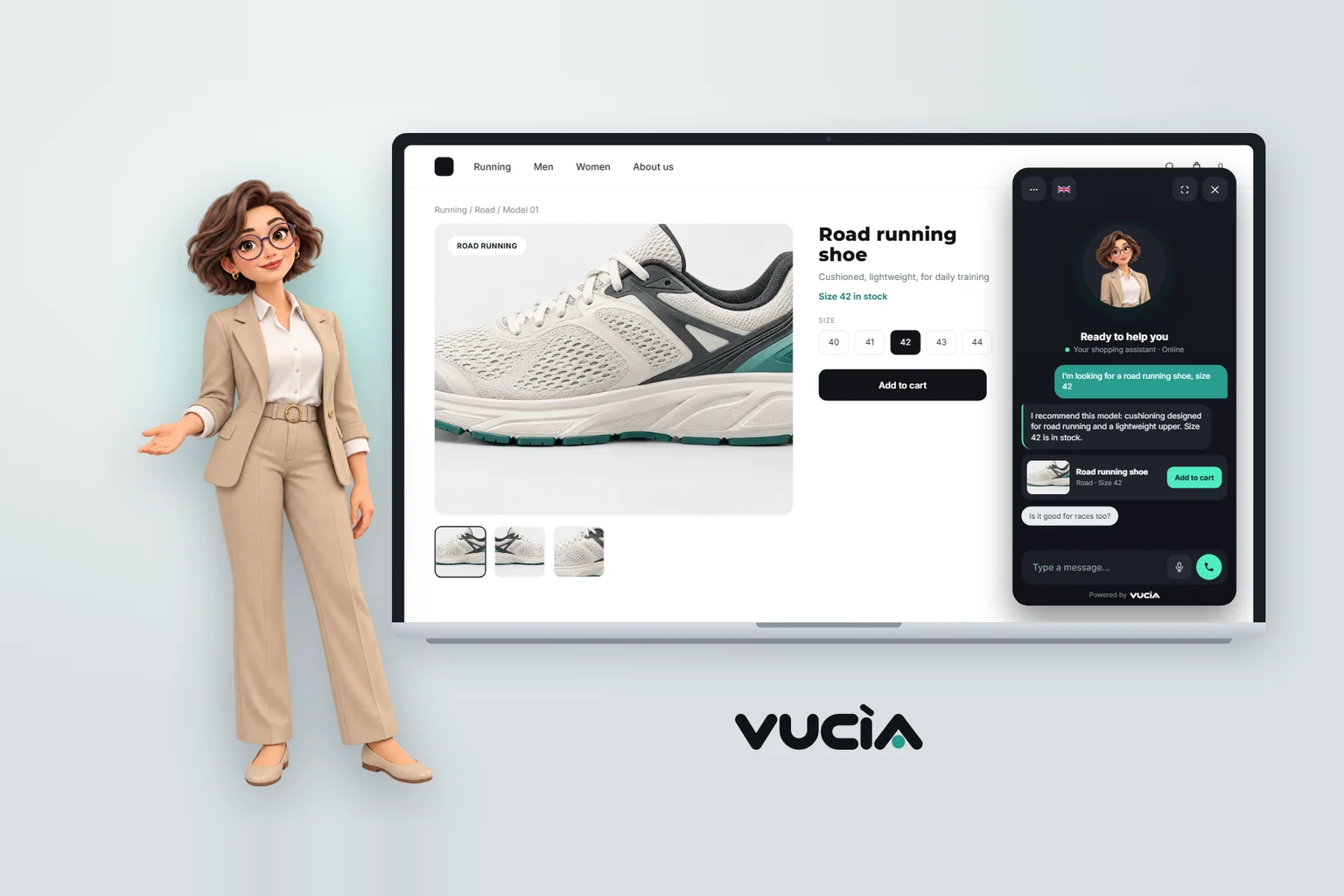 Vucìa 3D shopping assistant and an online store where the chat recommends a running shoe