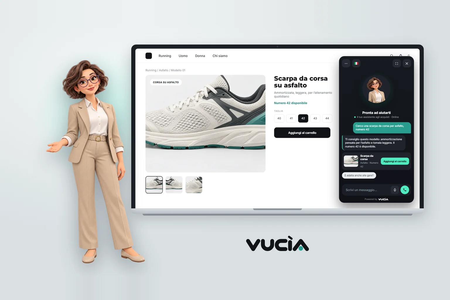 Assistente agli acquisti 3D di Vucìa e un negozio online con la chat che consiglia una scarpa da corsa