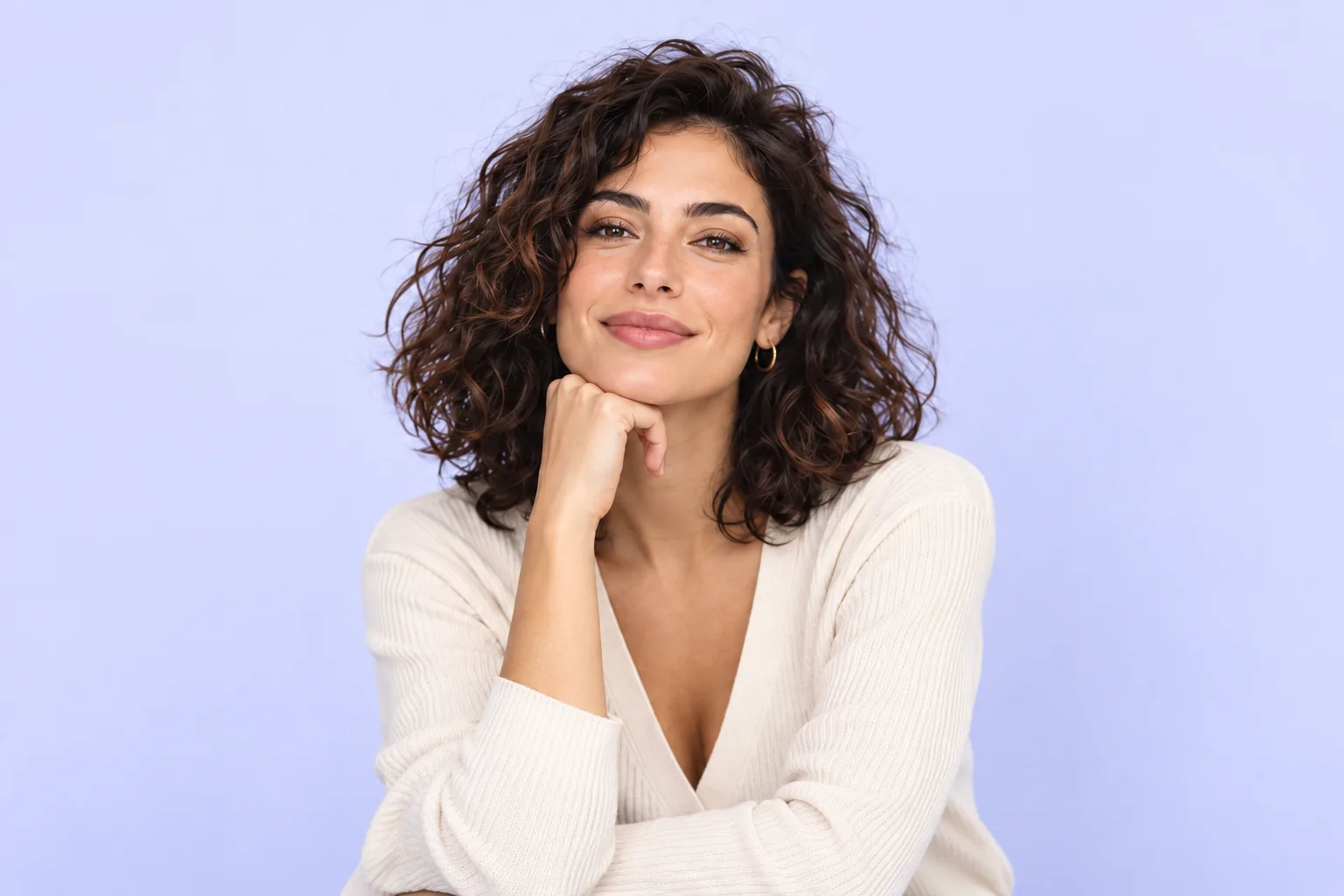 Concept AI character: a woman with curly hair against a lavender background