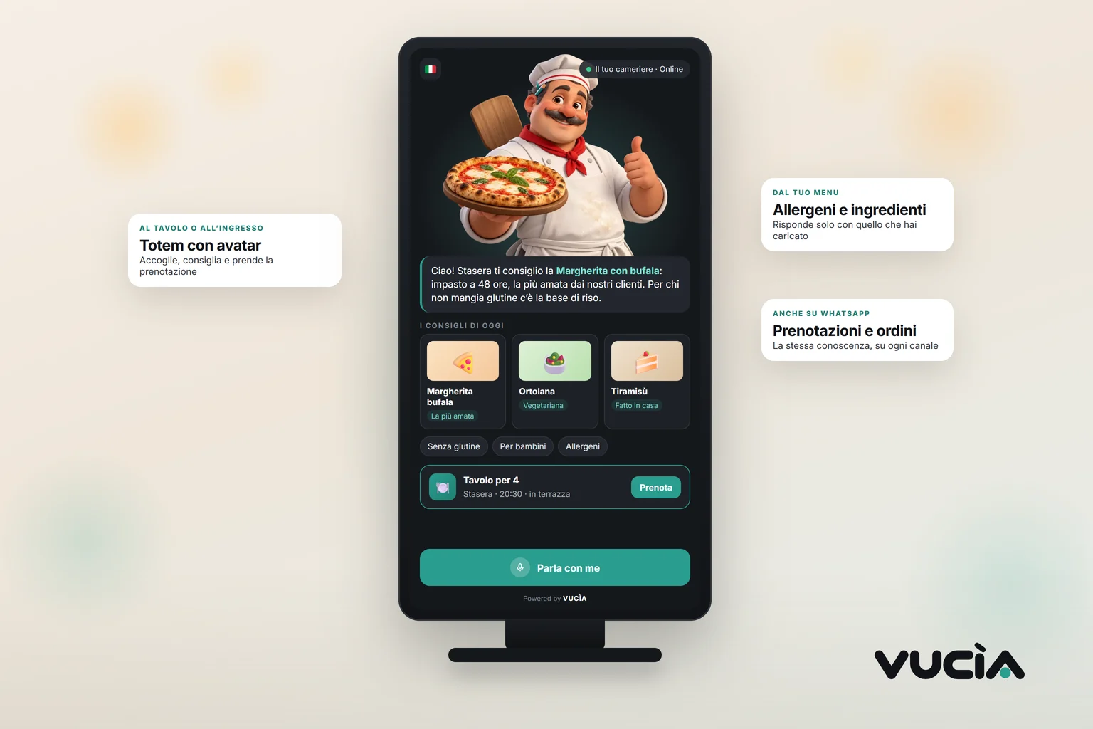 Totem di Vucìa in un ristorante: il pizzaiolo 3D consiglia i piatti e prenota il tavolo